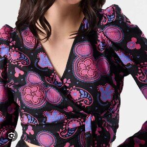🆕 Disney Mickey Paisley Wrap Blouse Long Sleeve Whimsigoth Boho Indie Sz Small